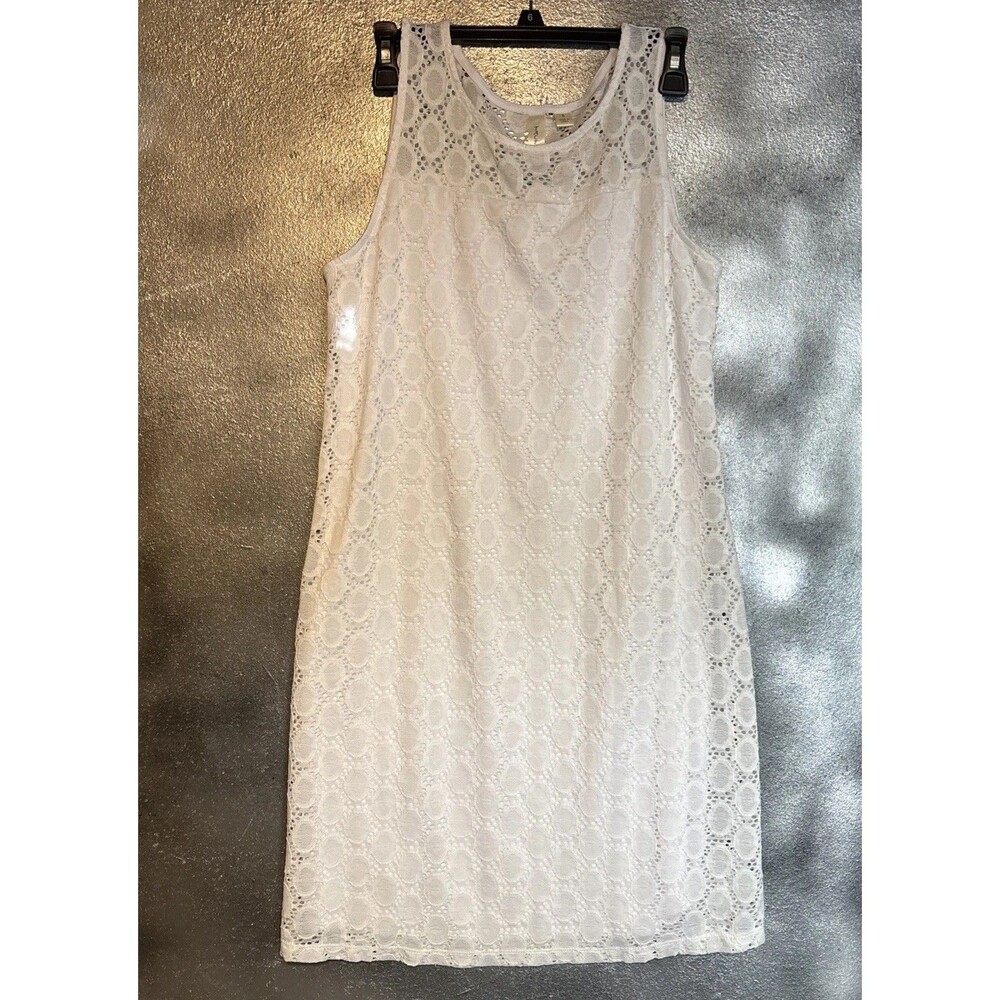 Tacera White Dress  S  Round Neckline Lace Overlay Summer Fall Casual Wedding
